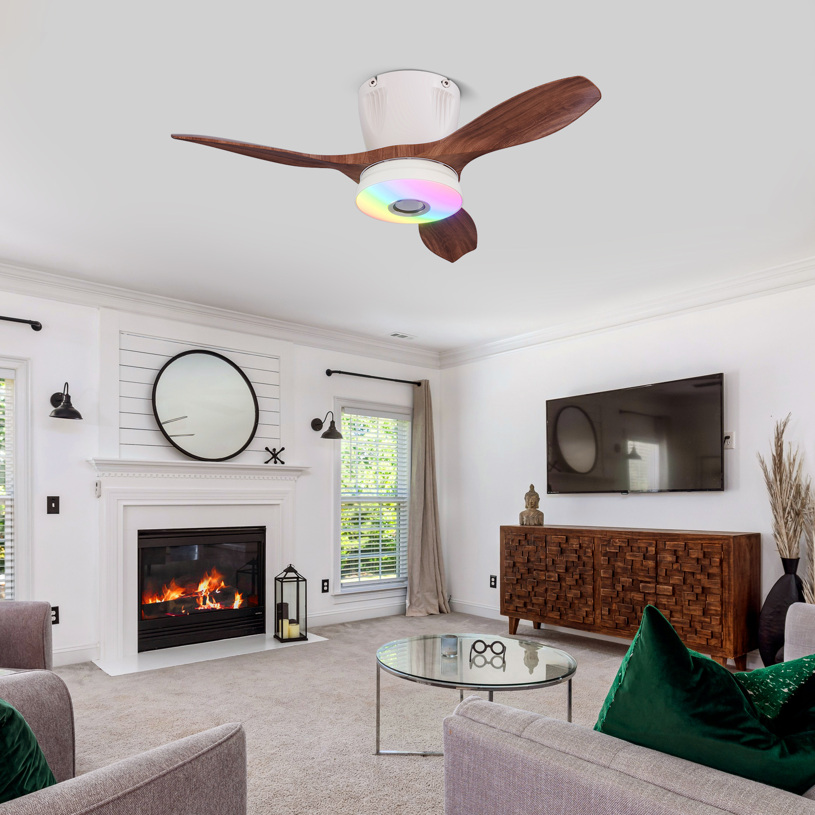 LEC016 White Wood Grain-RGB MUSIC FAN LIGHT