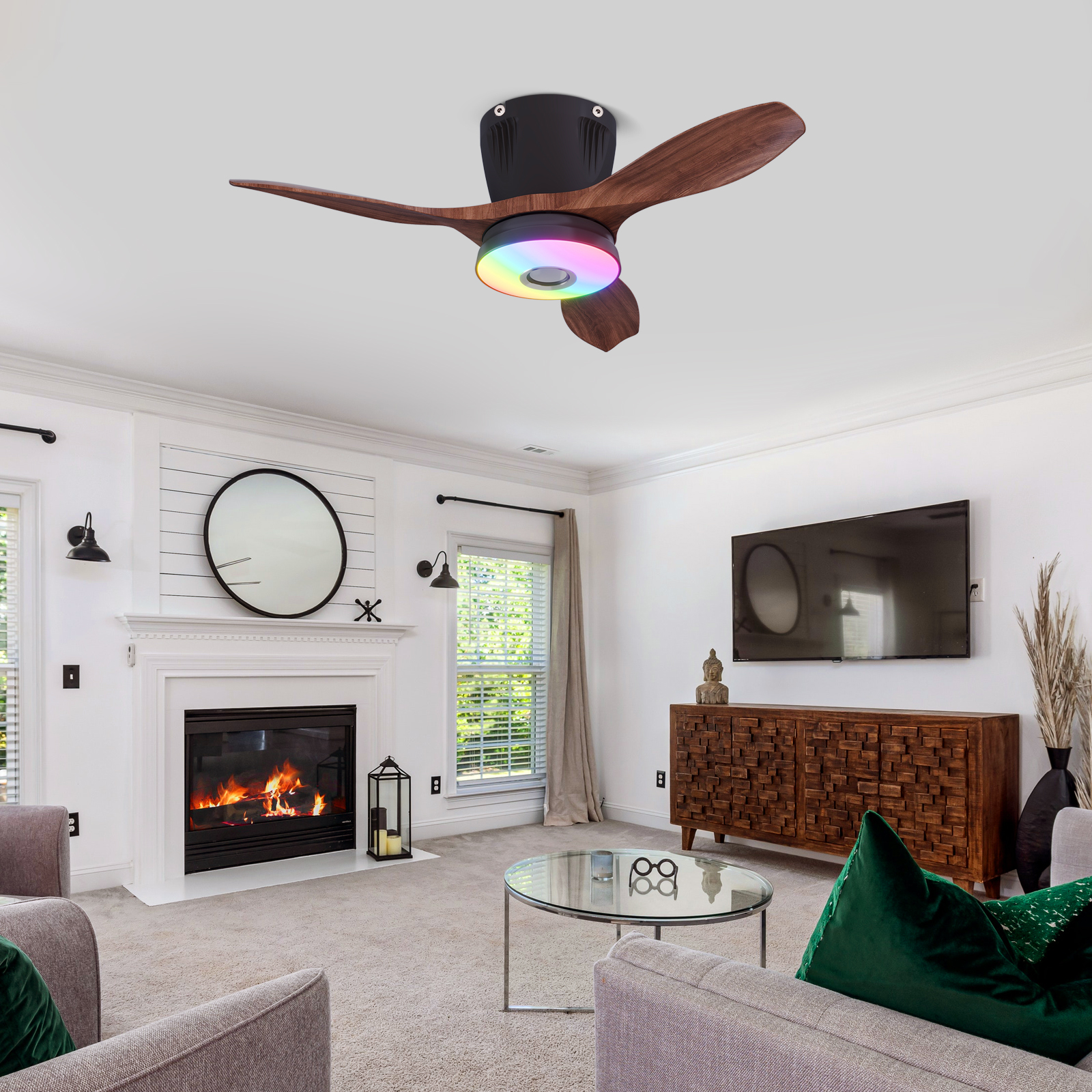 LEC016 Black Wood Grain-RGB MUSIC FAN LIGHT